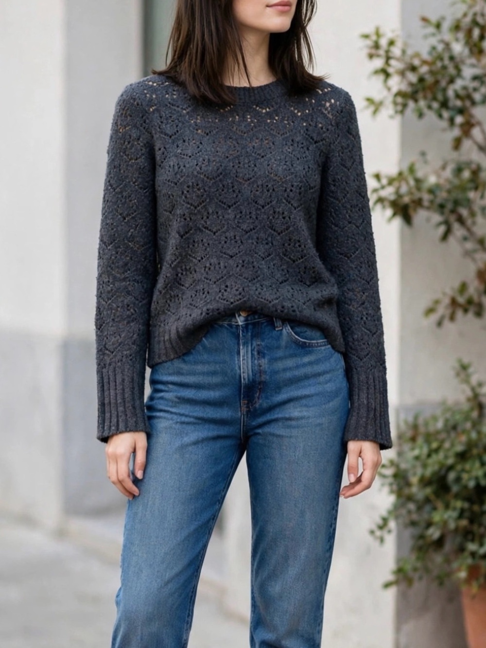 J.Crew Wide-sleeve pointelle crewneck sweater merino wool XS